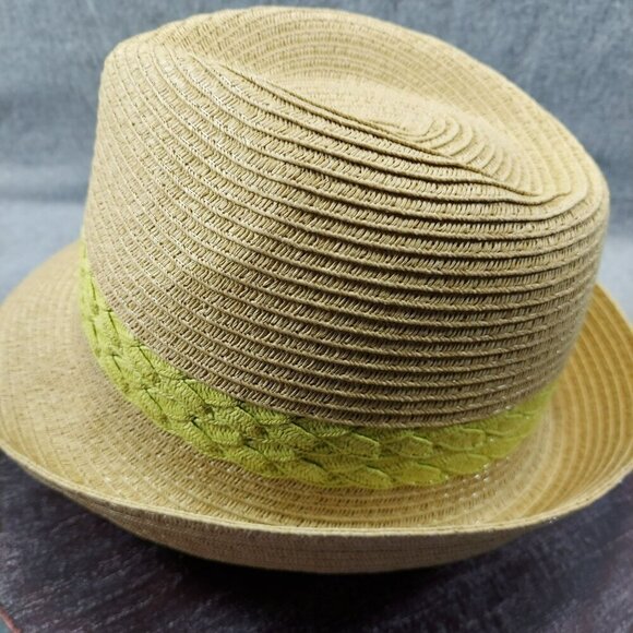 Tan Straw Fedora Hat W/ Green Braided Band Lightweight Summer Style One Size Fit - Picture 5 of 6